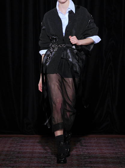 Eyelet Detail Strapped Fashion Knitted Cardigan