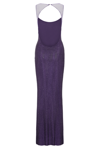Luxury Plum Rhinestone Embellished Mesh Back Gown