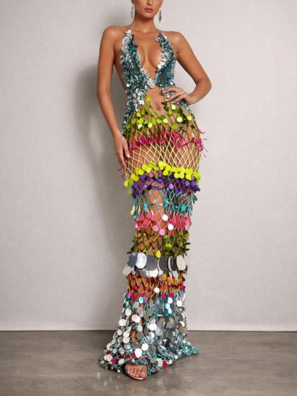 Mermaid Scale Sequin Fishnet Maxi Dress
