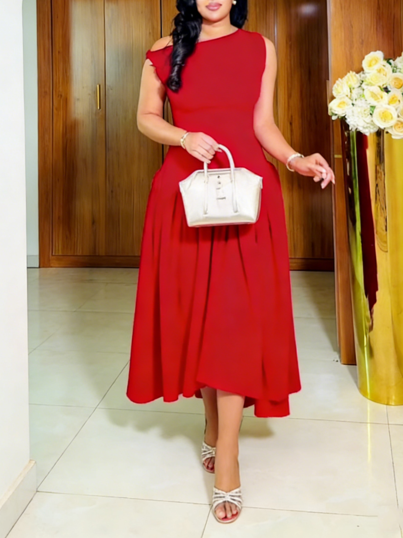 Crimson One-Shoulder Ruffled Midi Dress