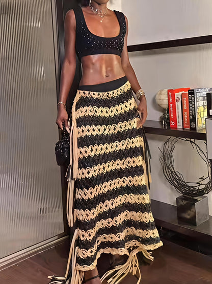 Black & Beige Macramé Striped Fringe Midi Skirt