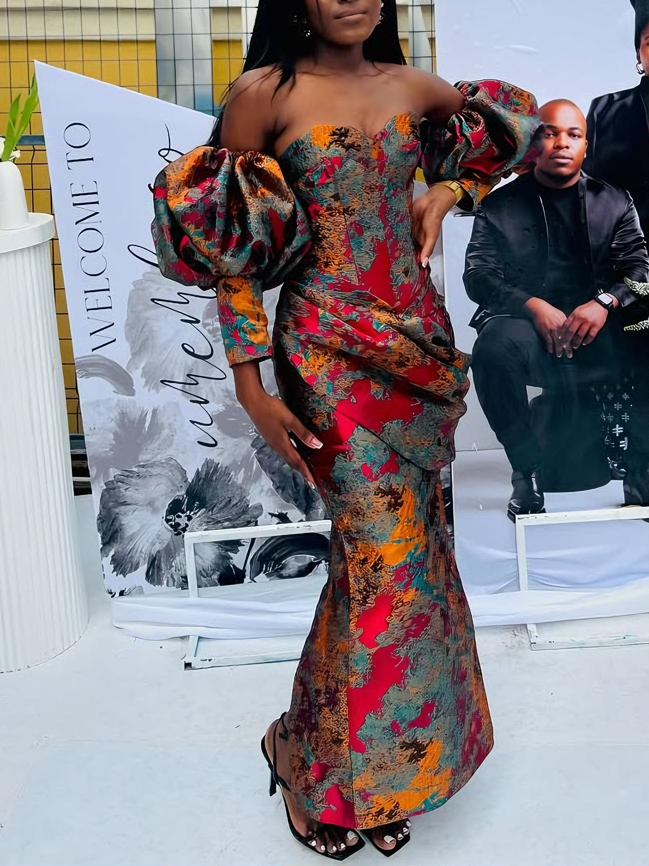 Glamorous Floral Brocade Off-Shoulder Flower-bud Sleeve Maxi Dress