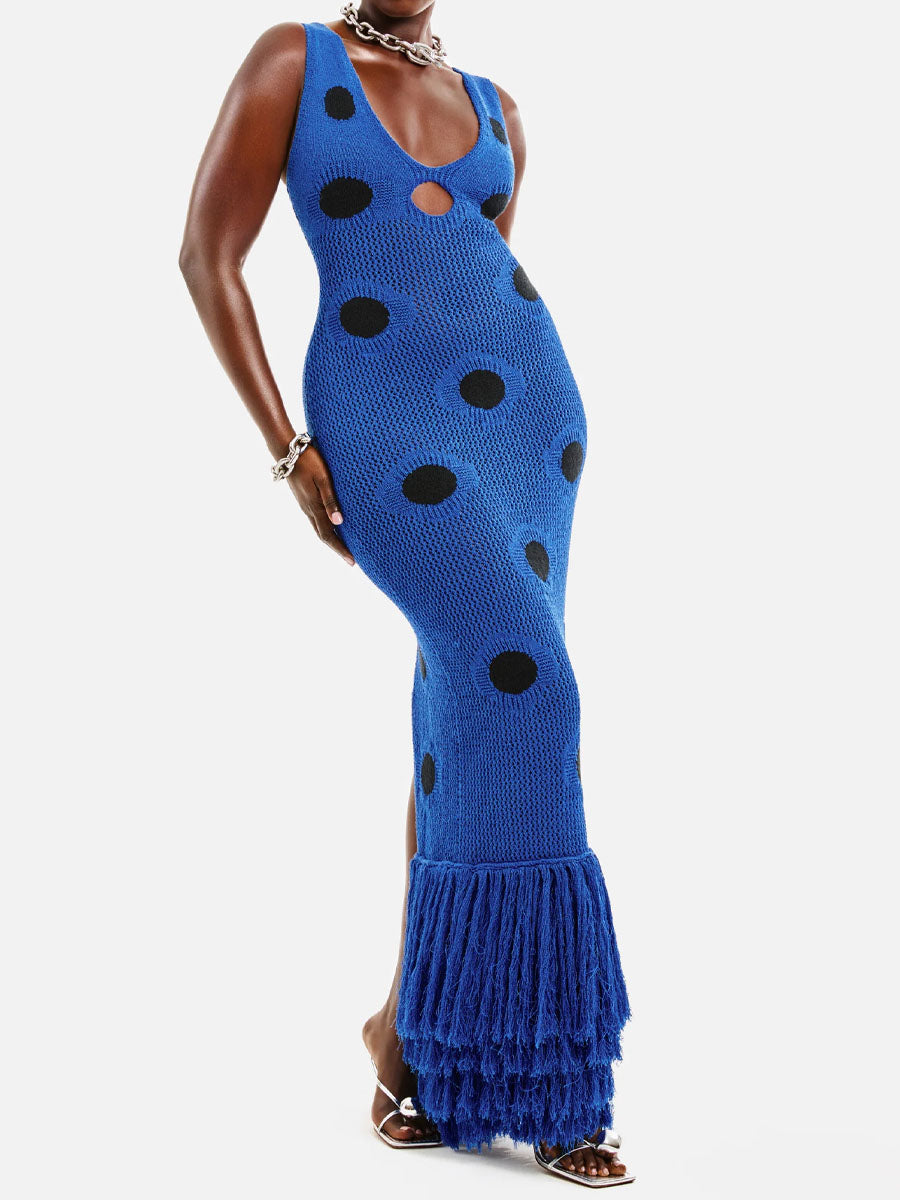 Fringe Hem Deep V Neck Cutout Dress