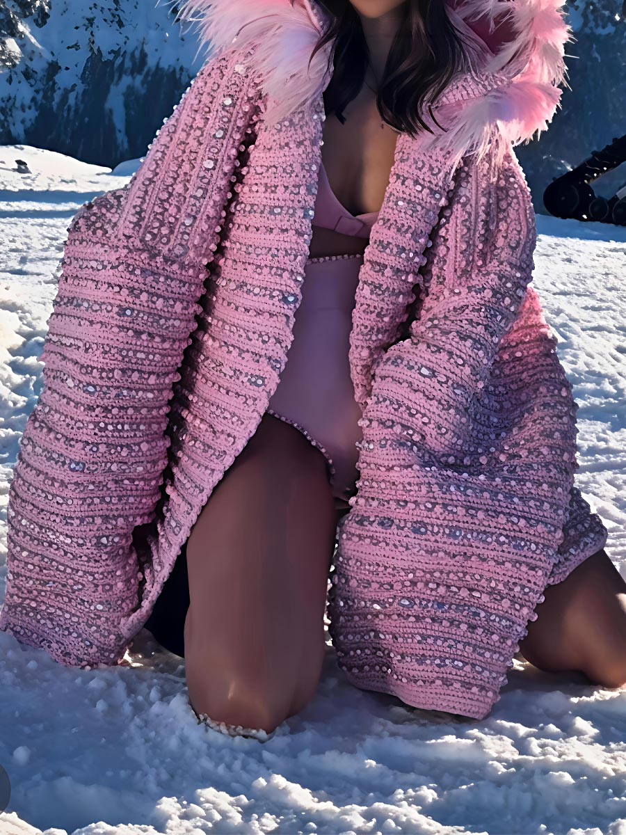 Fluffy Fur Hood & Rhinestone Embellishments Oversized Pink Knit Coat