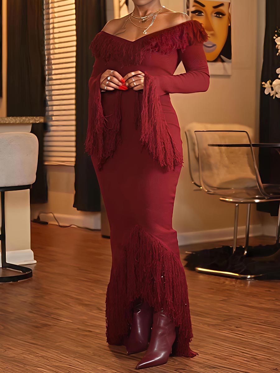 Burgundy Knit Deep V Neck Fringed Slit Hem Maxi Dress