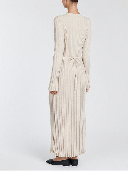 Elegant Stone Sleeved Knit Midi Dress
