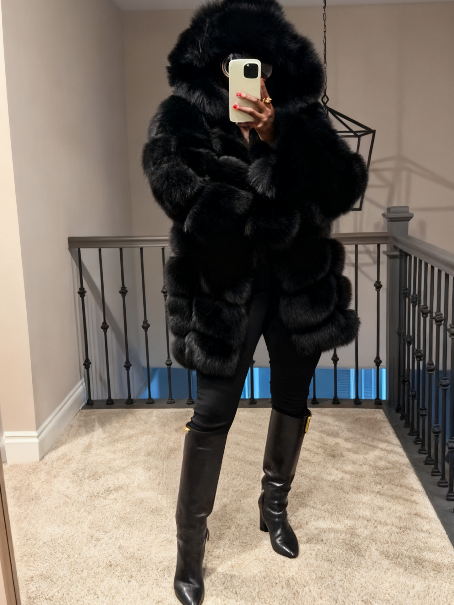 Warm Winter Outerwear Luxurious Black Fur Functional Coat