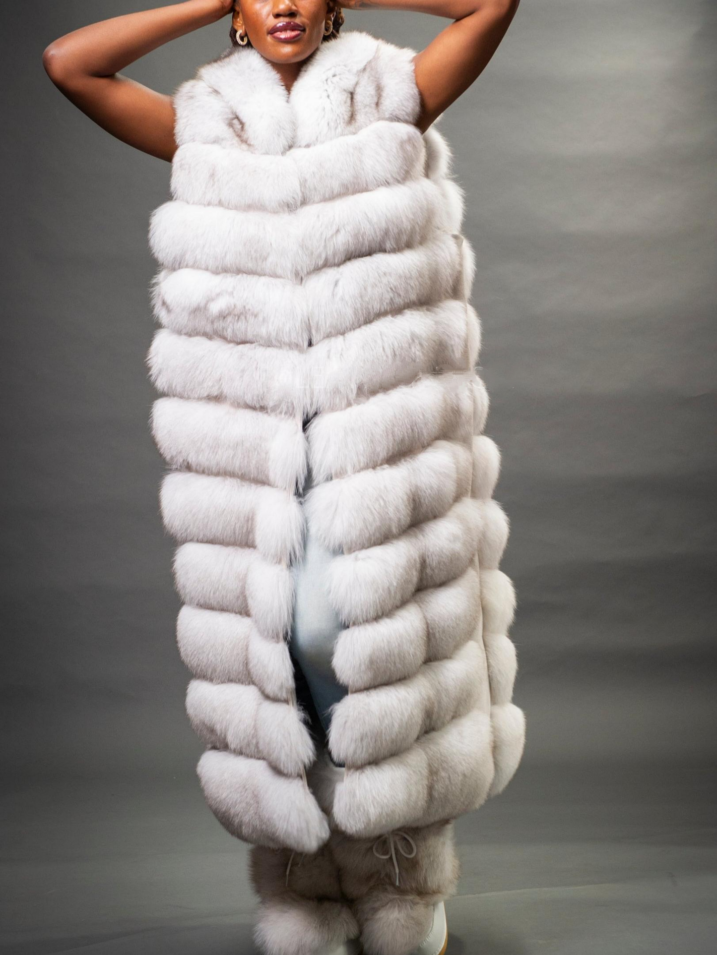 Stylish Long White Fox Fur Vest With Hood
