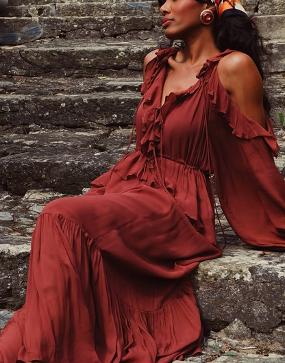 Rustic Charm: Elegant Burgundy Maxi Dress with Ruffled Sleeves