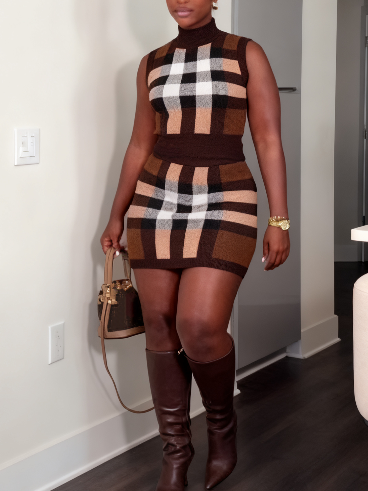 Chic Plaid Knit Sleeveless Top & Mini Skirt Co-ord Set