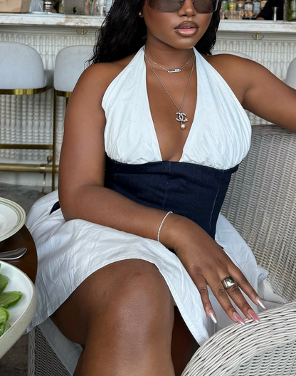 Elegant Halter - Neck Dress with Contrast Waistband