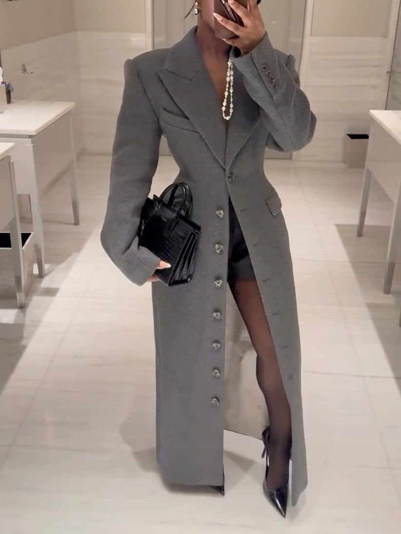 Elegant Grey Woolen Long Coat
