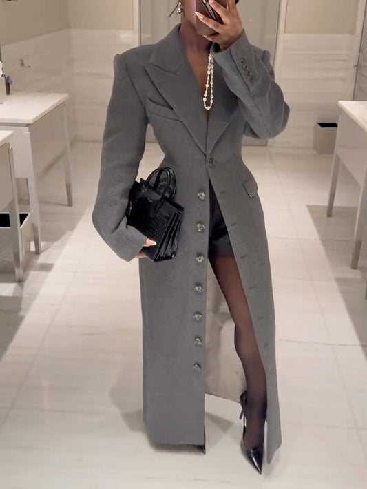 Elegant Grey Woolen Long Coat