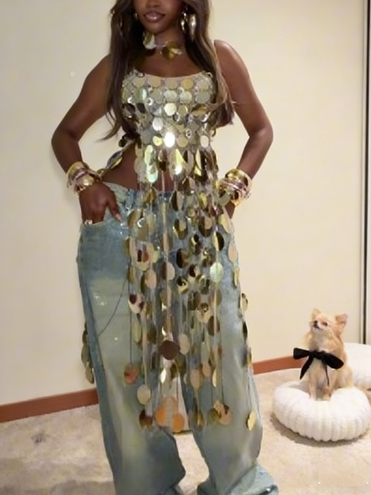 Gold Disc Sequin Fringe Tank Top