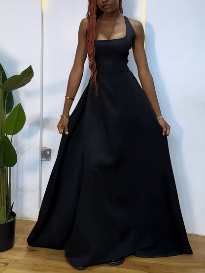Black Halter Neck Lace-Up Back Satin Formal Gown