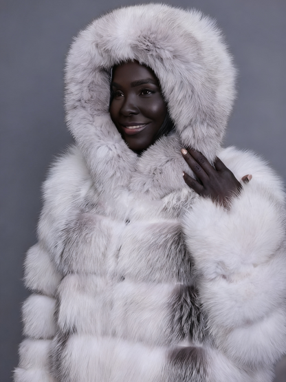 Long Length Fox Fur Trench Coat With Hood