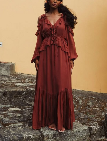 Rustic Charm: Elegant Burgundy Maxi Dress with Ruffled Sleeves