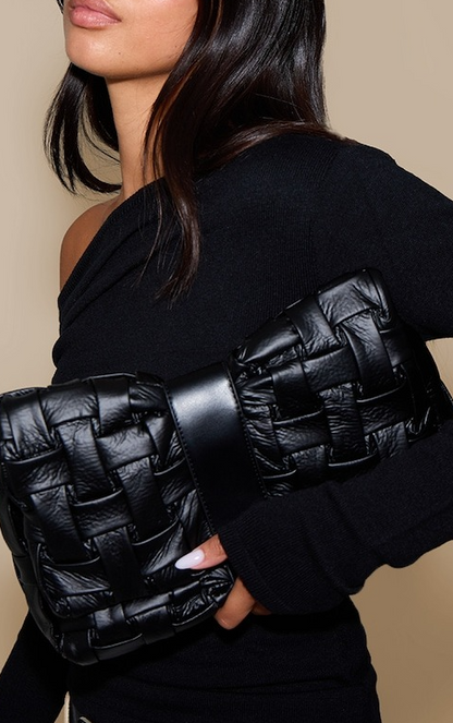 Black Cross Weave Fold Over Clutch Bag