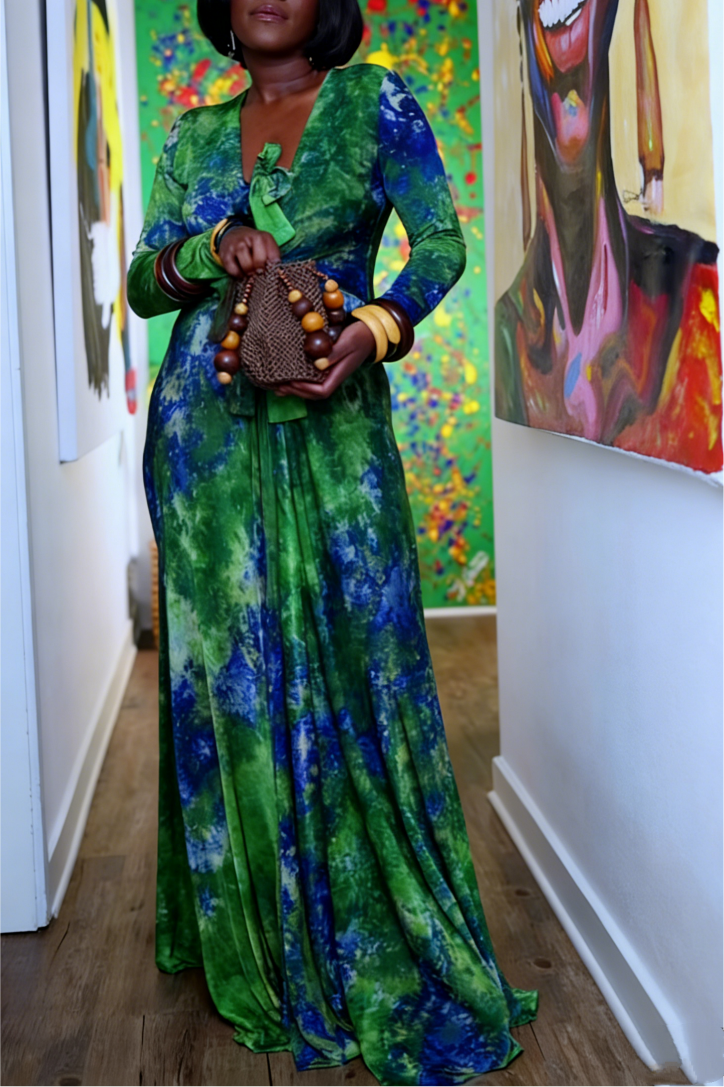 Green & Blue Tie Dye Long Sleeve Deep V Maxi Dress