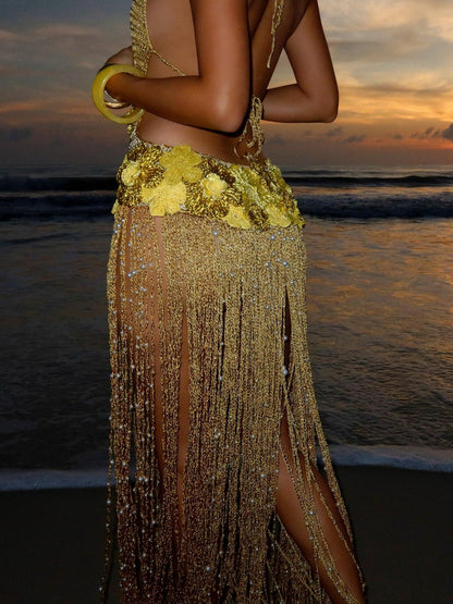 Gold Beaded Fringe Halter Neck Deep V Party Gown