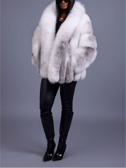 Gradient White Gray Fox Fur Coat