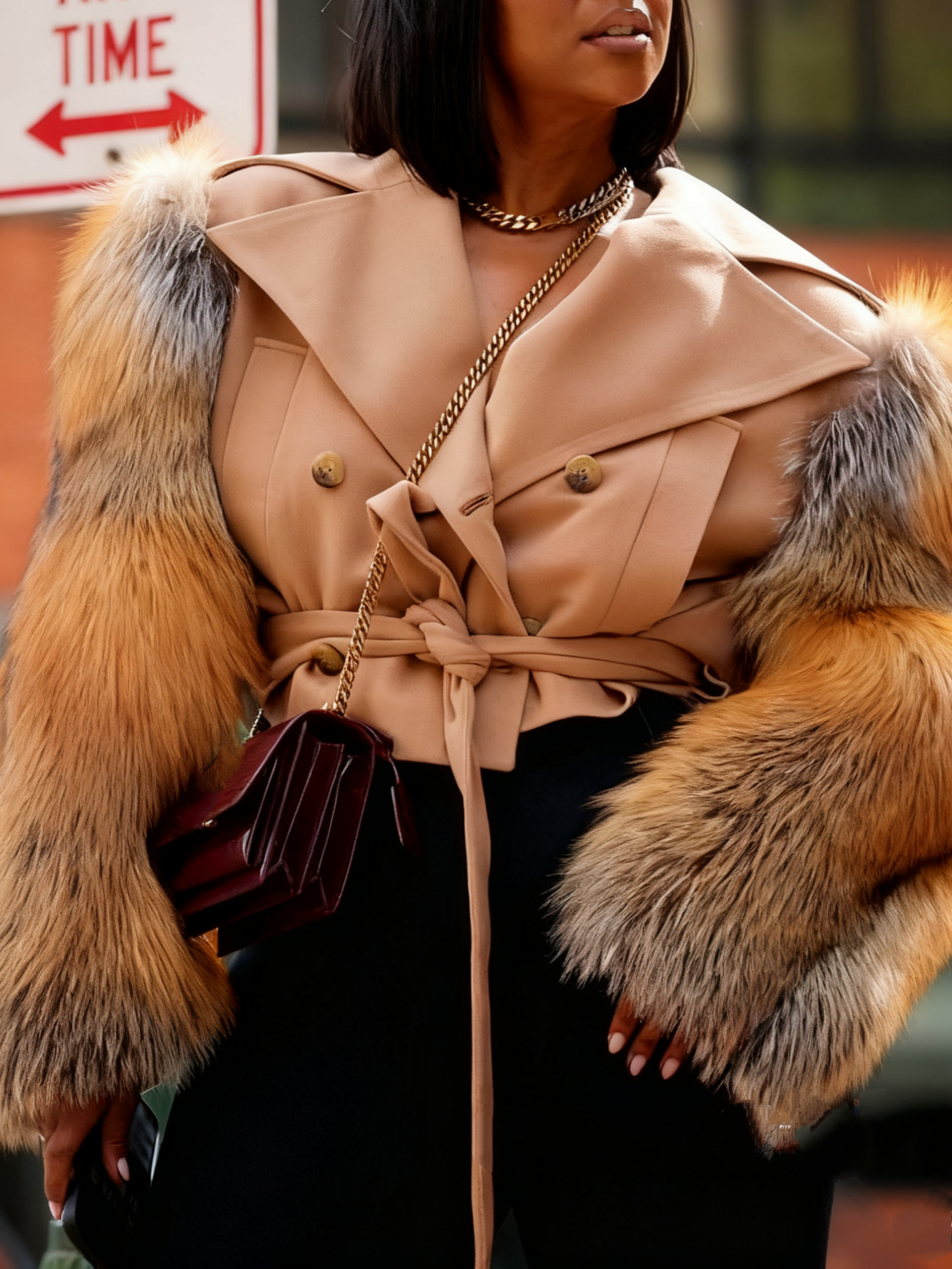Luxury Fox Fur Sleeve Cropped Coat