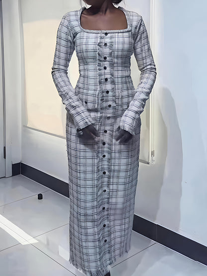 Faux Pearl Square Collar Tweed Dress