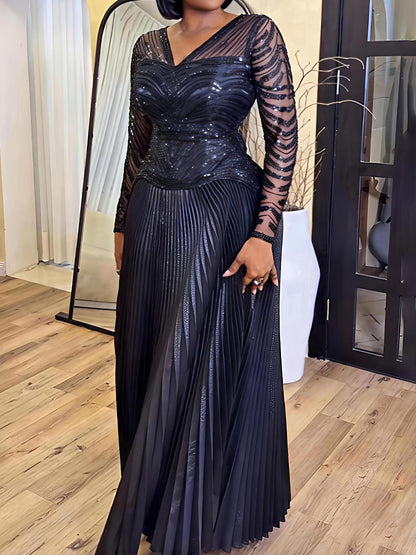 Sequined V Neck Pleated Two Pieces Dress