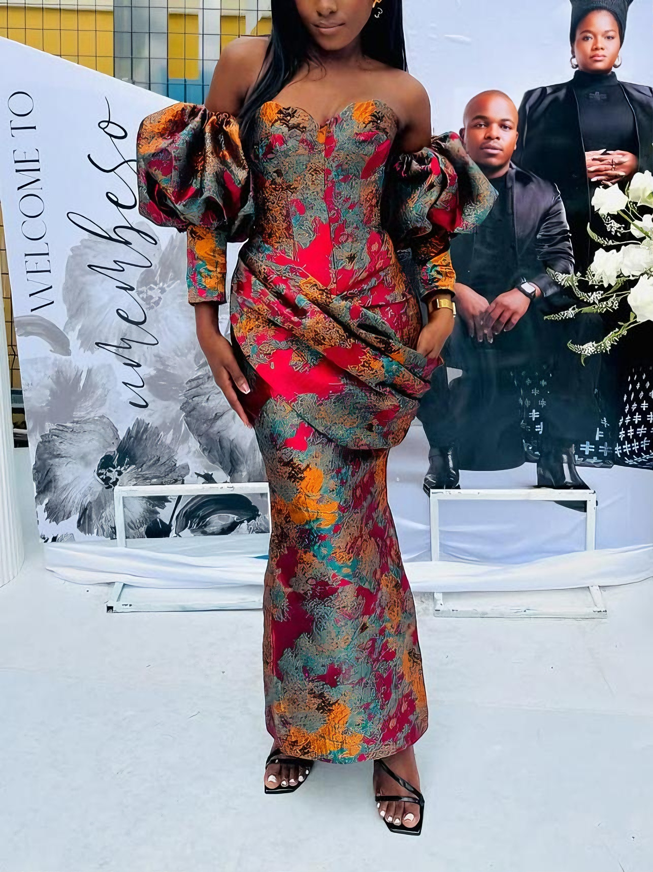 Glamorous Floral Brocade Off-Shoulder Flower-bud Sleeve Maxi Dress