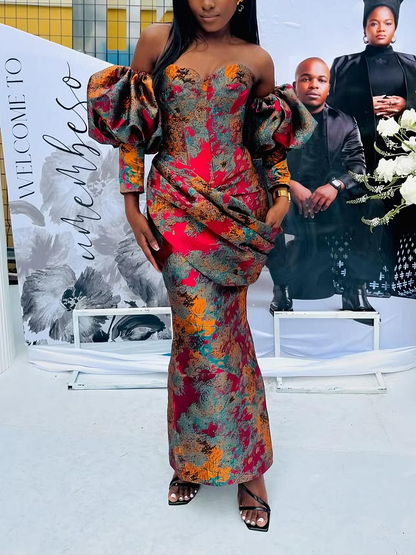 Glamorous Floral Brocade Off-Shoulder Flower-bud Sleeve Maxi Dress