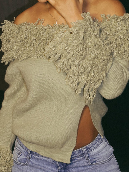 Knitted Skew Neck Tassels Top