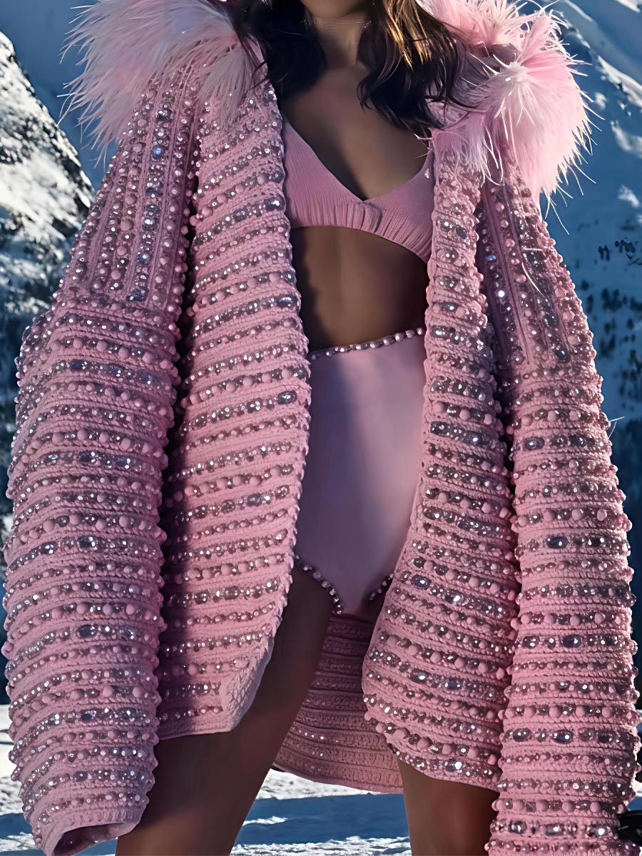 Fluffy Fur Hood & Rhinestone Embellishments Oversized Pink Knit Coat