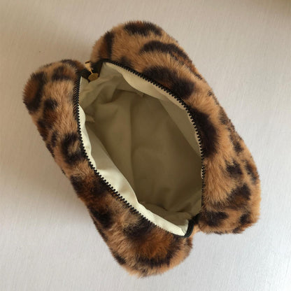 Plush Leopard Print Pencil Case Cosmetic Bag Travel Large Capacity Storage Bag