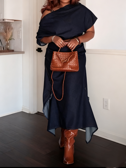 Draped Denim Maxi Dress