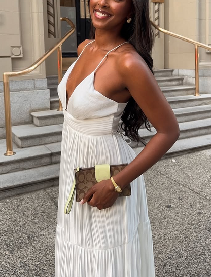 Elegant White Deep V Neck Sleeveless Maxi Dress