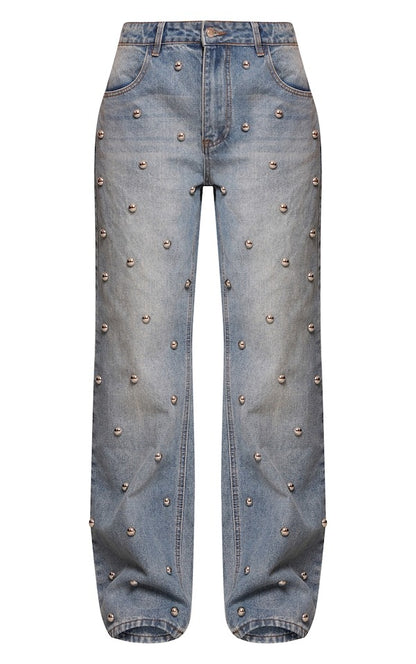 Blue Dome Stud High Waisted Denim Jeans