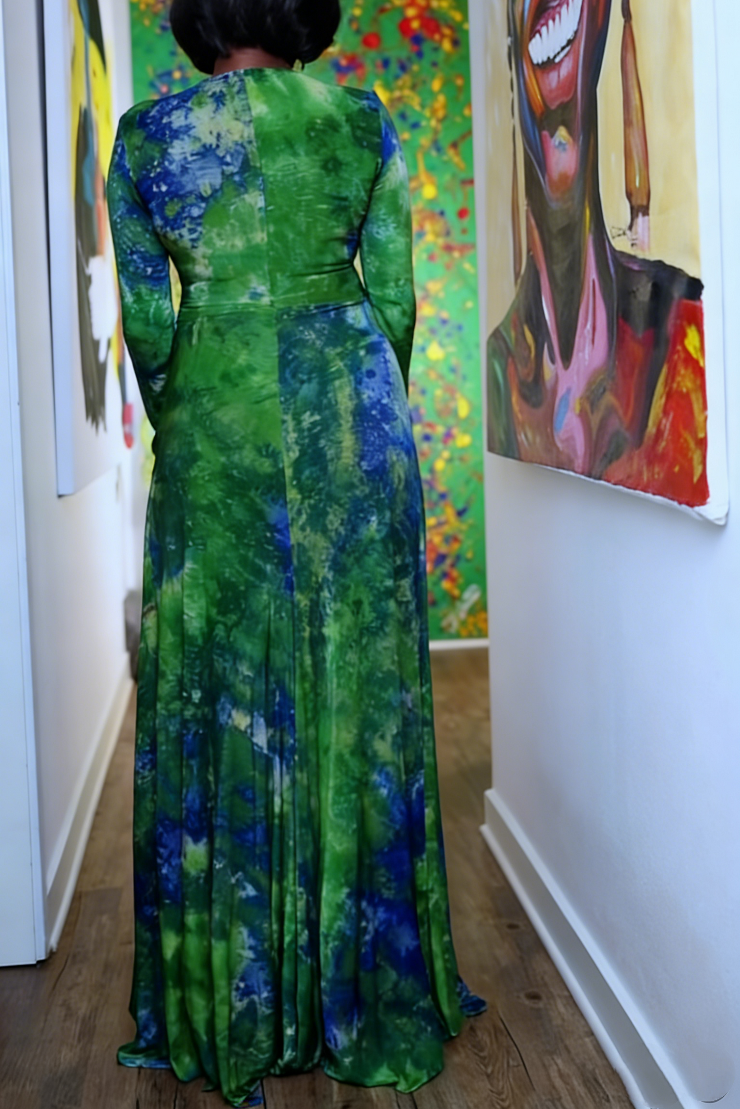 Green & Blue Tie Dye Long Sleeve Deep V Maxi Dress