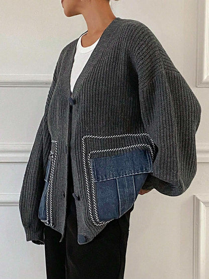 Solid Color Drop Shoulder Casual Loose Cardigan