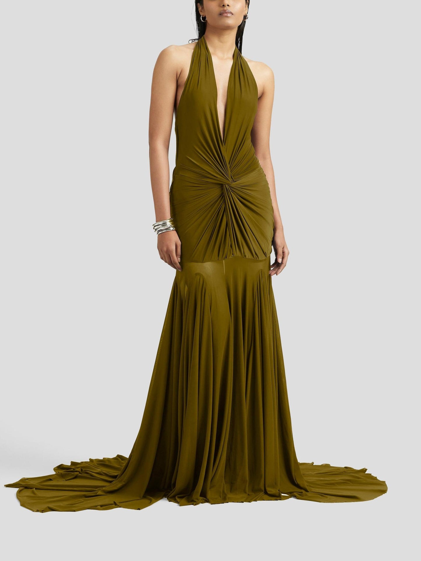 Elegant Plunging V-Neck Ruched Maxi Dress