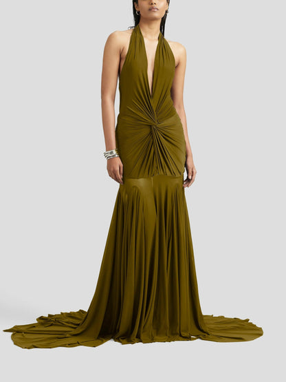 Elegant Plunging V-Neck Ruched Maxi Dress