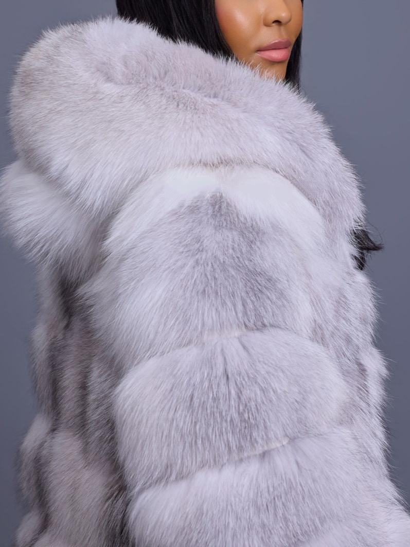 Long Length Fox Fur Trench Coat With Hood