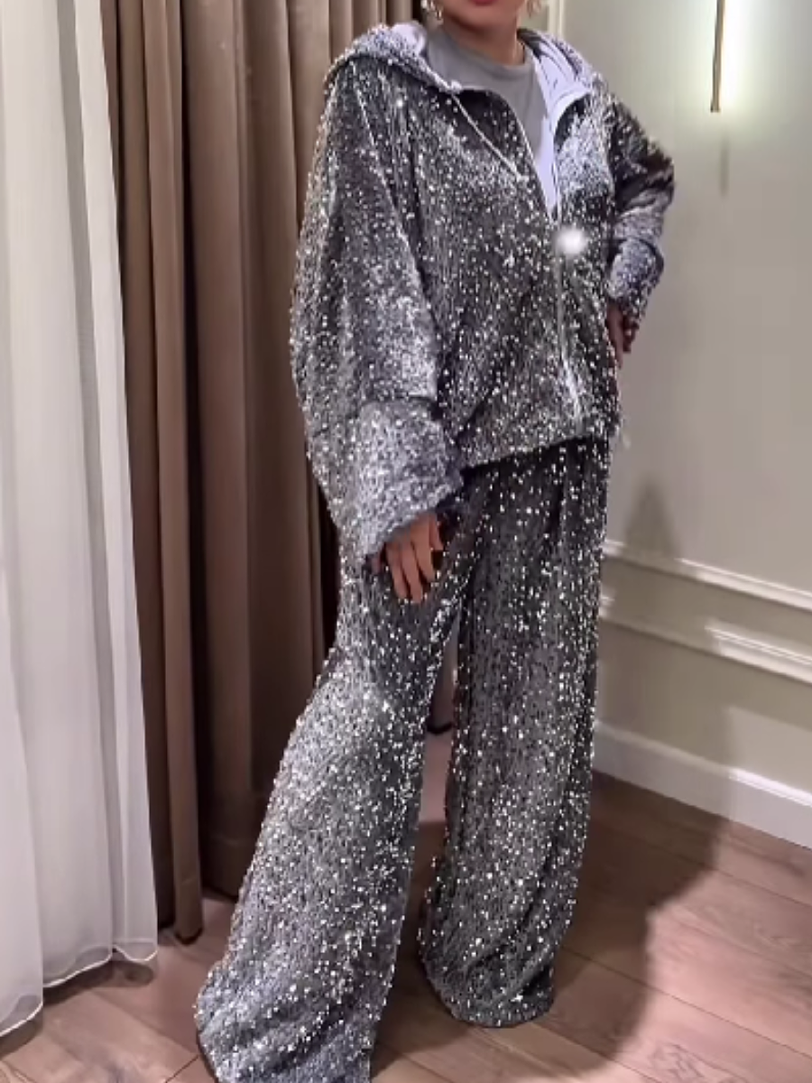 Velvet Sequin Zip Hooded Set