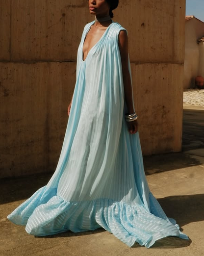 Ethereal Light Blue Pleated Maxi Dress