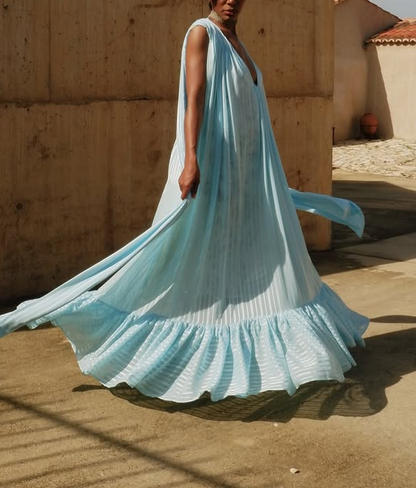 Ethereal Light Blue Pleated Maxi Dress