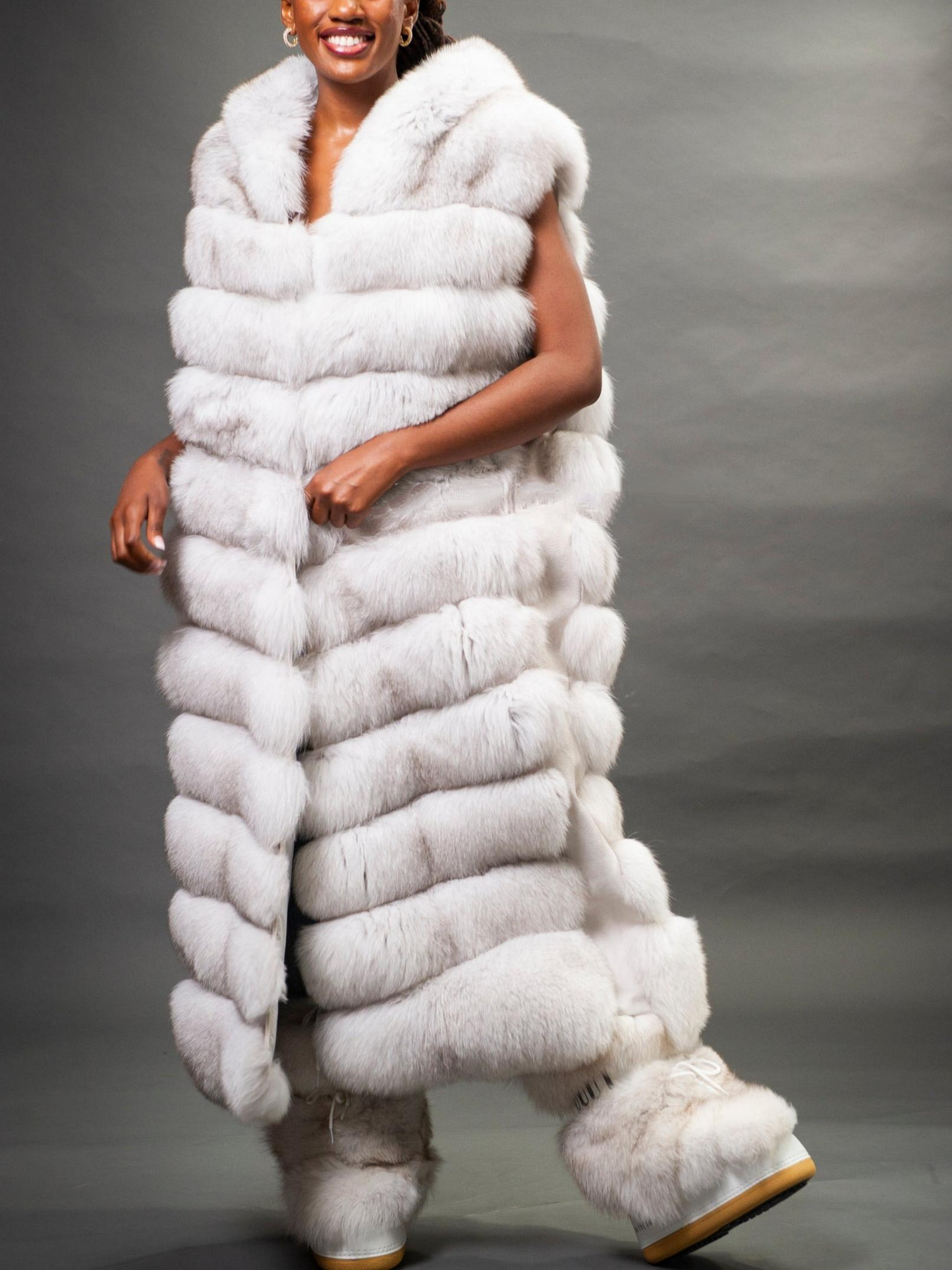 Stylish Long White Fox Fur Vest With Hood
