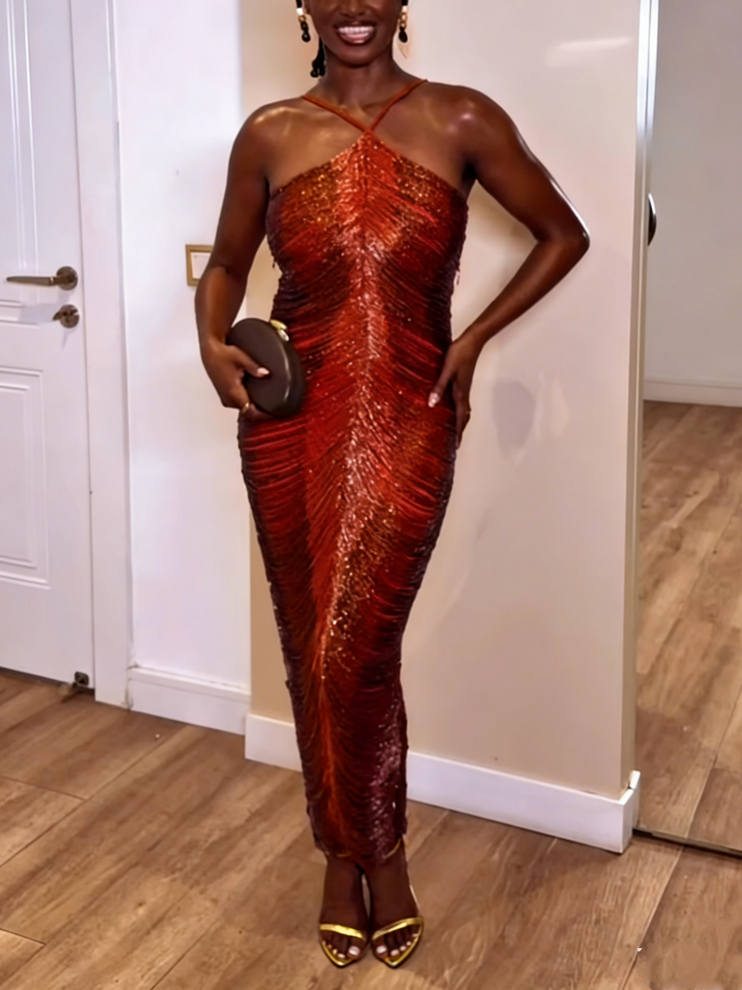 Luxe Crimson Ombre Shimmer Cami Maxi Dress