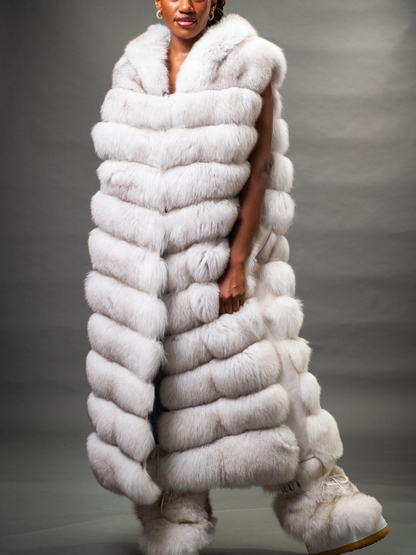 Stylish Long White Fox Fur Vest With Hood
