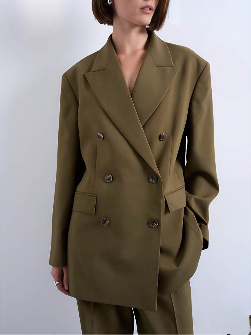 Olive Green Oversized Double-Breasted Blazer and Wide-Leg Pants Set