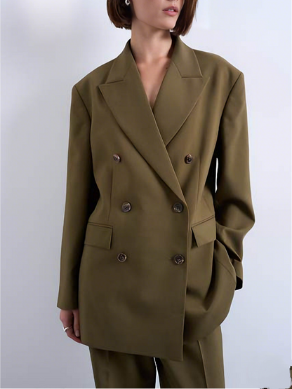 Olive Green Oversized Double-Breasted Blazer and Wide-Leg Pants Set