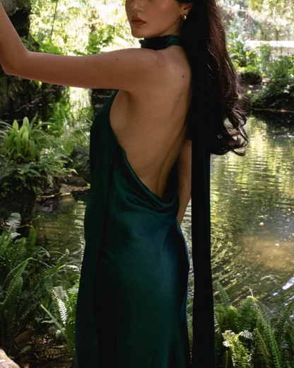 Emerald Green Silk Halter Maxi Dress